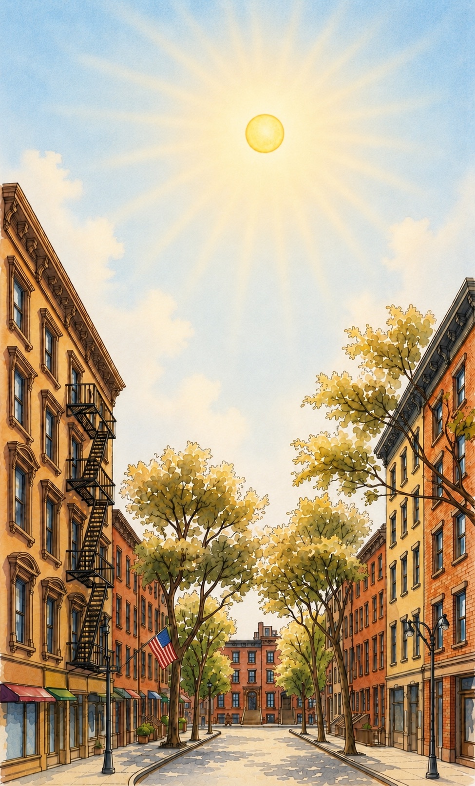 Watercolor illustration of a sunny tree-lined New York City street with brownstones under a radiant sun